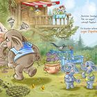 Links: „Danke!“ Papafant atmet auf. Rechts: Er lächelt. Elefantenfamilie im Garten, spielende Kinder, entspannter Nachbar.