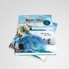 "Nase & Weis", "Was Wasser alles kann!", Illustration eines Eisbären und einer Maus vor einer Eislandschaft. Bücherstapel.
