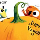 „Dieser Kürbis ist für DICH!“ „Danke, Vogel!“ Illustration mit Vogel und Eichhörnchen auf Kürbis.