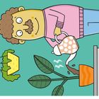 Ein Mann gießt aus einer gepunkteten Kanne Erde in einen Blumentopf, daneben hängt ein Pflanzentopf von der Decke.