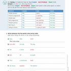 "Der Satzbau in Aussagesätzen (1/2). Schreibe Sätze: Bringe die Wörter in die richtige Reihenfolge. Tabelle mit Zeitformen."