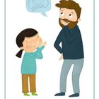 Eine Sprechblase zeigt einen Elefanten, daneben ein Kind und ein Mann, beide gestikulierend, illustriert.