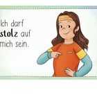 Text: "Ich darf stolz auf mich sein." Illustration: Lächelnde Person zeigt auf sich selbst, trägt ein buntes Oberteil.