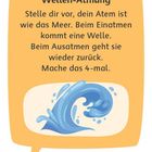 Wellen-Atmung: Stelle dir vor, dein Atem ist wie das Meer. Illustration: große blaue Welle. Unten: Gefühle regulieren, Herz-Symbol.