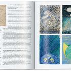 Texte: "vbst", "vestal", "asket". Eine Seite mit Kunstwerken, darunter Zeichnungen und bunte abstrakte Malereien.