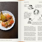 Titel: "Gedünstete Matcha-Birnen mit Pomelo-Spalten." Links: Speise in weißem Teller, rechts: handgezeichnete Frühstücksvariationen.