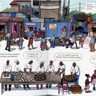 Texte: Angel Bakery, Nairobi, Kenia. Die Bäckerei hat 35 Angestellte. Illustration einer belebten Marktstraße mit Backstube.