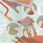 "Bau einer Nisthilfe" mit Anleitungen und Werkzeugen für DIY-Projekt. Zeichnung mit Bambusstäben, Säge, Bürste, Knete.