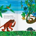 „Warum bist du so langsam?“, fragte der Brüllaffe. Illustration mit Affe, Faultier und Vogel in buntem Dschungel.