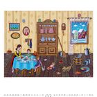 Kalender für März mit Illustration eines gemütlichen Zimmers, Familie am Tisch, draußen Schneelandschaft, Katze spielt.