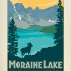 "Moraine Lake, Banff National Park, Alberta Canada" steht im Vordergrund. Eine Illustration zeigt See, Berge und einen Widder.