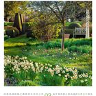 Kalenderseite März, Garten mit Narzissen, Bäumen, Sträuchern und einer Bank. Unterer Bereich zeigt Kalendertage.