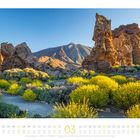 Kalenderseite für März mit großen Felsen und gelben Sträuchern vor einem Vulkan unter klarem Himmel.