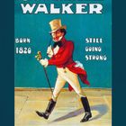 Text: "JOHNNIE WALKER", "BORN 1820", "STILL GOING STRONG". Illustration eines eleganten Mannes im Anzug mit Spazierstock.