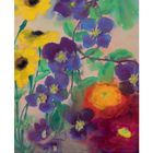 03, März. Illustration mit lila, gelben und roten Blumen auf hellgrünem Hintergrund.