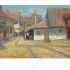 03, März Kalender mit Bild eines Dorfes, bunte Häuser mit roten Dächern und Bäumen entlang eines gepflasterten Weges.
