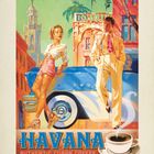 Aufschrift: "HAVANA AUTHENTIC CUBAN COFFEE." Illustration von stilvoll gekleideten Personen vor einem klassischen Auto.