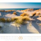 Kalender für März mit Stranddünen und Gras im Sonnenlicht, Meer im Hintergrund. Feiertage und Wochentage aufgelistet.