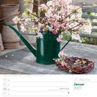 01. Woche, Januar 2027. Ein grüner Wasserkrug mit pink-weißen Blüten steht auf einem Holztisch.