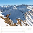 Text: "Steinbock in den verschneiten Bergen - Vorarlberg · Österreich." Ein Steinbock steht auf einem verschneiten Berggipfel.