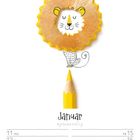 Januar. Gelbe Bleistiftspitze. Zeichnung eines Löwen mit Bleistiftspänen als Mähne. Wochentage vom 11. bis 17.