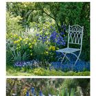 Kalender zeigt März mit Gartenbildern: blaue Blumen, Gartenstuhl, Blumentöpfe.