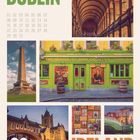 "DUBLIN", "IRELAND", Kalender mit Zahlen 01-31, Bilder zeigen Sehenswürdigkeiten wie eine farbenfrohe Bar und historische Gebäude.