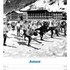 Januar. Mitglieder der Skischule bei Aufwärmübungen im Schnee. Kalender für Woche 1, Jahr 2027, mit Feiertagen.