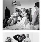 BRIGITTE BARDOT, Kalender März. Drei Schwarzweißfotos: Frau auf Sofa, im Bett mit Hund, Paparazzi fotografieren Frau mit Hut.