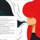 Text: "ATME DIE ANGST AUS" mit Atemübungen. Illustration: Frau mit rotem Haar, geschlossene Augen, stilisiert.