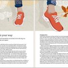 "Do life your way" und "Changing times" als Überschriften. Illustration: Fuß in rotem Schuh mit Vogel auf Schnürsenkel.