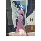 März, March. Kubistisches Gemälde einer abstrakten Figur in einer städtischen Szene. Geometrische Formen dominieren.