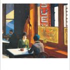 Im Bild befindet sich ein Kalenderblatt für März. Zu sehen ist ein Café-Szene mit zwei Personen an einem Tisch, im Stil von Edward Hopper.