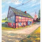 "I hate it when we're the first at the party." Ein Fachwerkhaus neben einer Straße, zwei Vögel sitzen auf einer Stromleitung.