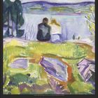 März. Malerei: Zwei Personen sitzen am Wasser, umgeben von Bäumen und Wiesen in kräftigen, fließenden Farben.