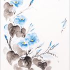 03, Kalenderblatt. Illustration mit zart aquarellierten blauen Blumen und grauen Blättern, asiatischer Stil.