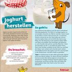 "Joghurt herstellen", "Du brauchst:", "So geht’s:", Tipps: Kalender unten, rote Punkte auf weißem Deckel. Illustration Maus.