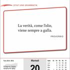"La verità, come l’olio, viene sempre a galla. PROVERBIO." Kontrastreiches Layout mit Kalender: 20. April, Dienstag.
