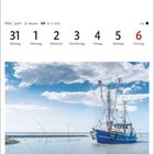31 Mai, 1-6 Juni, "Krabbenkutter bei Dorum-Neufeld an der Wurster Nordseeküste". Boot am Meer mit blauem Himmel und Wolken.