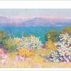 John Russell, Am Morgen, Alpes Maritimes von Antibes aus, 1890–91. Ölbild mit blühenden Büschen und Meer. Sonntag, Mai 2.