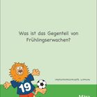„Was ist das Gegenteil von Frühlingserwachen?“ Unten rechts: „März Freitag“. Illustration: Ein Löwe im Fußballtrikot.