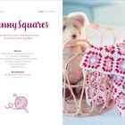 Text: „Granny Squares“; Materialinfos zu Merino-Wolle. Rechts Korb, darin Häkeldecke mit roten und weißen Mustern.