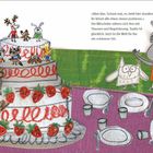 »Aber klar. Schaut mal, es steht hier draußen und ihr könnt alle etwas davon probieren.« Bunte Tiere feiern bei einer großen Torte.