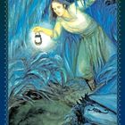 "Sumpflöcher. Verbünde dich mit der Angst, entfachte deinen Mut." Eine Person mit Laterne in sumpfiger Landschaft.