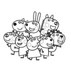 Eine fröhliche Gruppe aus acht cartoonartigen Tieren steht nebeneinander, lächelnd.