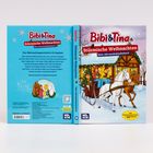 "Bibi & Tina: Stürmische Weihnachten - Mein Adventskalenderbuch."  
Illustration von Kindern in einer Pferdekutsche im Schnee.