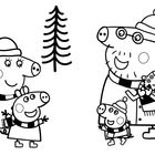 Illustration: Eine Schweinefamilie in Winterkleidung steht neben einem Baum.