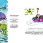 Text: "Als der Wind nachließ, schwebte der Schirm... ins Wasser…" Illustration: Ein Maulwurf mit Schirm im Wasser.