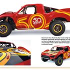 Ein roter Renntruck mit gelben Streifen und der Zahl 50. Beschreibung: Sehr schnell, robust, V8-Motor.