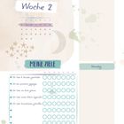 "WOCHENPLAN Woche 2. MEINE ZIELE: Ich habe 8 Stunden geschlafen, Ich bin spazieren gegangen, Ich habe ein Buch gelesen."